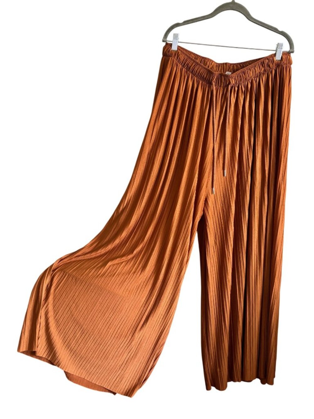 Zenana Womens Rust Orange Pleated Wide Leg Pants Elastic Waist & Drawstring